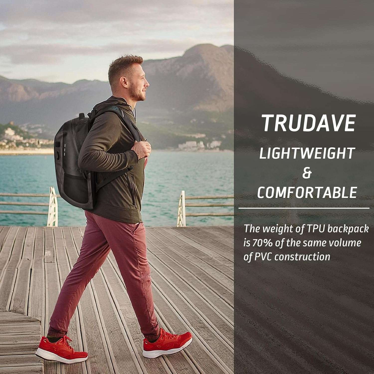 alt="Man by the seaside wearing Trudave FloatPack Series 30L lightweight waterproof TPU fishing backpack showing 70% lighter design than PVC with comfort and durability for outdoor travel"